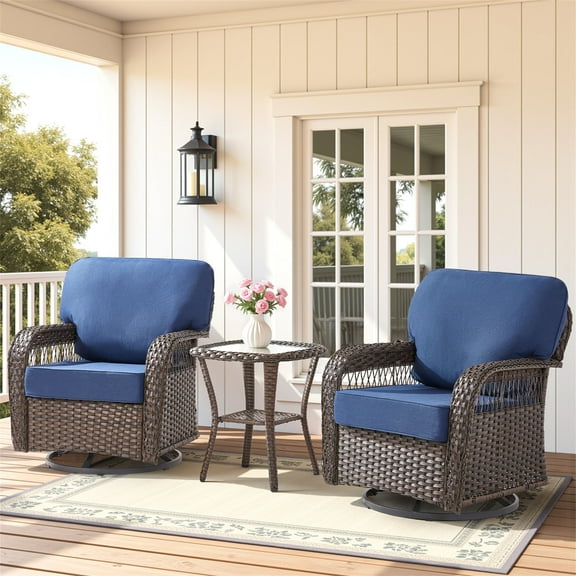 Yeahumalia 3-Piece All-Weather Wicker Patio Set with Swivel Rocker Chairs and Rattan Table, Outdoor Furniture for Deck, Porch, Garden, Brown/Blue