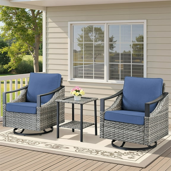 Yeahumalia 3 Pieces Wicker Outdoor Patio Furniture Set with Swivel Rocker Chairs and Rattan Side Table for Porch Deck Balcony Garden, Grey/Blue