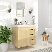 Yeahumalia 32" Fluted Bathroom Vanity with Ceramic Sink, Modern Bathroom Storage Cabinet with 3 Drawers and Sliding Door, Wood Color