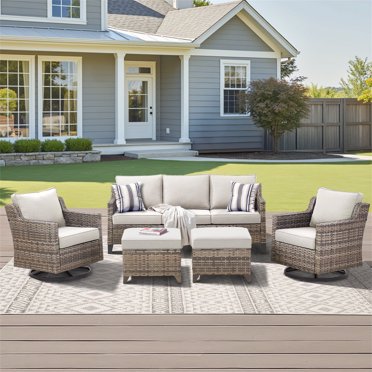 Yeahumalia 5-Piece All-Weather Wicker Patio Set with Swivel Rocking Chairs PE Rattan Conversation Set for Deck, Porch & Garden, Grey/Beige