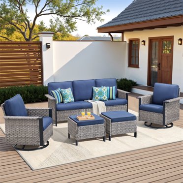 Yeahumalia 5-Piece All-Weather Wicker Patio Set with Swivel Rocking Chairs PE Rattan Conversation Set for Deck, Porch & Garden, Grey/Blue