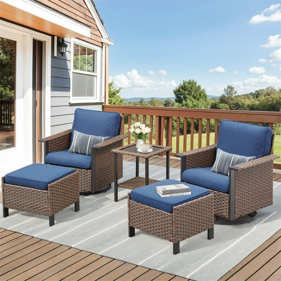 Yeahumalia 5-Piece Wicker Patio Furniture Set, 2 Swivel Glider Chairs with 2 Ottomans and Side Table for Garden, Deck, or Backyard