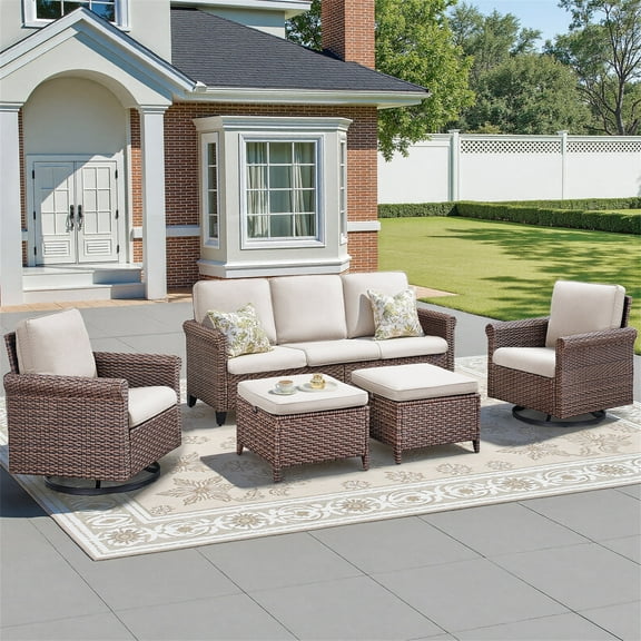 Yeahumalia 5-Piece Wicker Patio Outdoor Conversation Sets with Rattan Sofa, 2 Swivel Rocking Chairs and 2 Ottomans, Brown/Beige