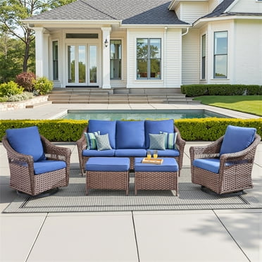Yeahumalia 5-Piece Outdoor Wicker Furniture Set with Swivel Glider Rocking Chairs and Ottomans