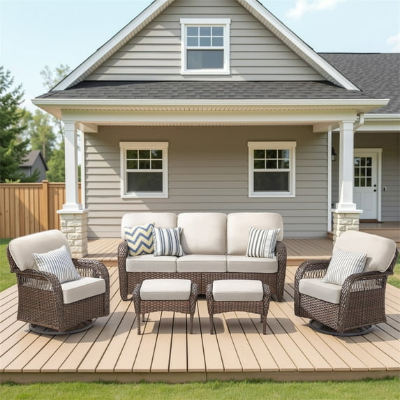 Yeahumalia 5 Pieces All Weather Wicker Patio Furniture Set with Rattan Sofa, Swivel Rocking Chairs and Ottomans, Outdoor Seating Furniture for Deck Yard Sunroom, Brown/Beige