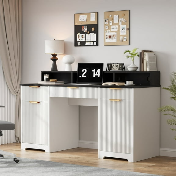 Yeahumalia 59" Executive Fluted Desk with Power Outlet, 3 Drawers & 2 Cabinets, White
