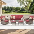 thumbnail image 1 of Yeahumalia 6-Piece Outdoor Patio Furniture Set, 2pcs High-Back Wicker Swivel Rocker and 3-Seater Sofa with 2pcs Ottomans, All-Weather Conversation Set for Porch, Bistro, Deck (Red)​, 1 of 13