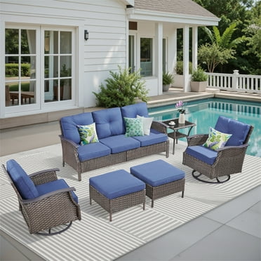Yeahumalia 6 Piece Patio Furniture Set, Outdoor Rattan Sofa with 2pcs Wicker Swivel Rocker Chairs, 2pcs Ottomans and Side Table, Blue Cushions