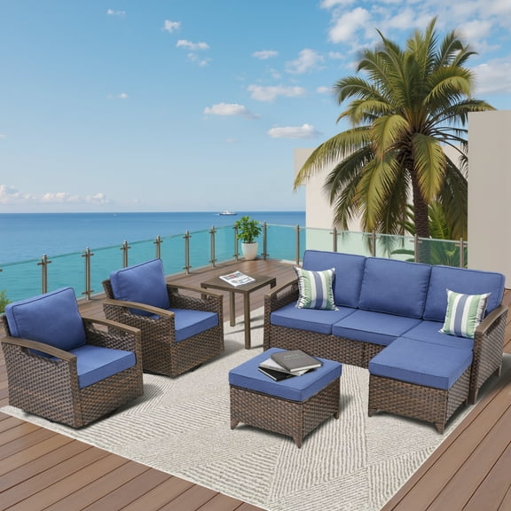 Yeahumalia 6 Pieces Patio Furniture Set, Outdoor Wicker Couch with 2 Swivel Glider Rocking Chairs, 2 Ottomans and Side Table for Backyard Poolside