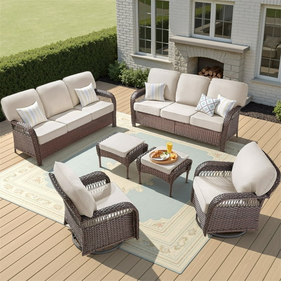 Yeahumalia 6 Pieces All Weather Wicker Patio Furniture Set with 2 Rattan Sofa, 2 Swivel Rocking Chairs and 2 Ottomans, Outdoor Conversation Set for Deck Yard Sunroom, Brown/Beige
