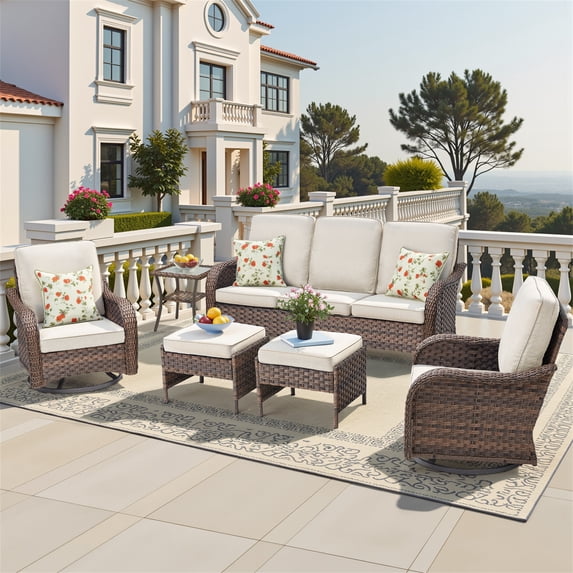 Yeahumalia 6pcs Outdoor Furniture Set, Rattan Couch with 2 Wicker Swivel Glider Chairs, 2 Ottomans and Side Table, Patio Conversation Sets with Beige Cushions for Deck Backyard Sunroom