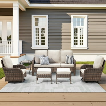 Yeahumalia 6pcs Outdoor Furniture Set, Rattan Couch with 2 Wicker Swivel Glider Chairs, 2 Ottomans and Side Table, Patio Conversation Sets with Beige Cushions for Deck Backyard Sunroom