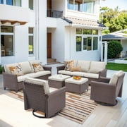 Yeahumalia 6pcs Patio Furniture Set, Wicker Sofas with Swivel Rocking Chairs and Ottomans, Outdoor Conversation Set with Beige Cushions