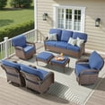 thumbnail image 1 of Yeahumalia 7 Pieces All Weather Wicker Patio Furniture Set with Rattan Sofa, 4 Swivel Rocking Chairs and 2 Ottomans, Outdoor Conversation Set for Deck Yard Sunroom, Brown/Blue, 1 of 14