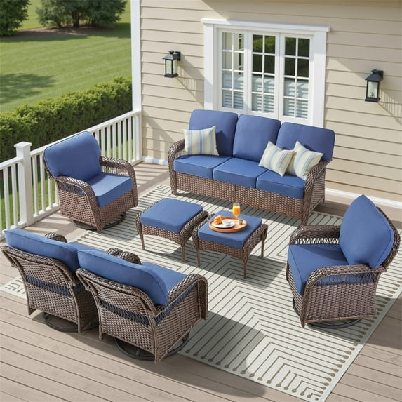 Yeahumalia 7 Pieces All Weather Wicker Patio Furniture Set with Rattan Sofa, 4 Swivel Rocking Chairs and 2 Ottomans, Outdoor Conversation Set for Deck Yard Sunroom, Brown/Blue