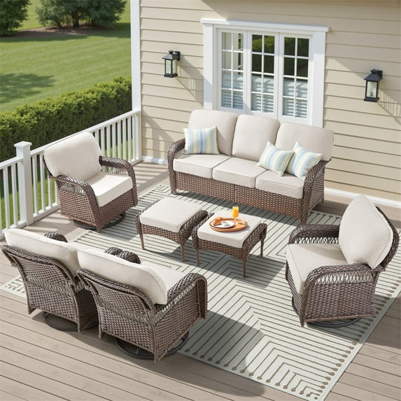 Yeahumalia 7 Pieces All Weather Wicker Patio Furniture Set with Rattan Sofa, 4 Swivel Rocking Chairs and 2 Ottomans, Outdoor Conversation Set for Deck Yard Sunroom, Brown/Beige