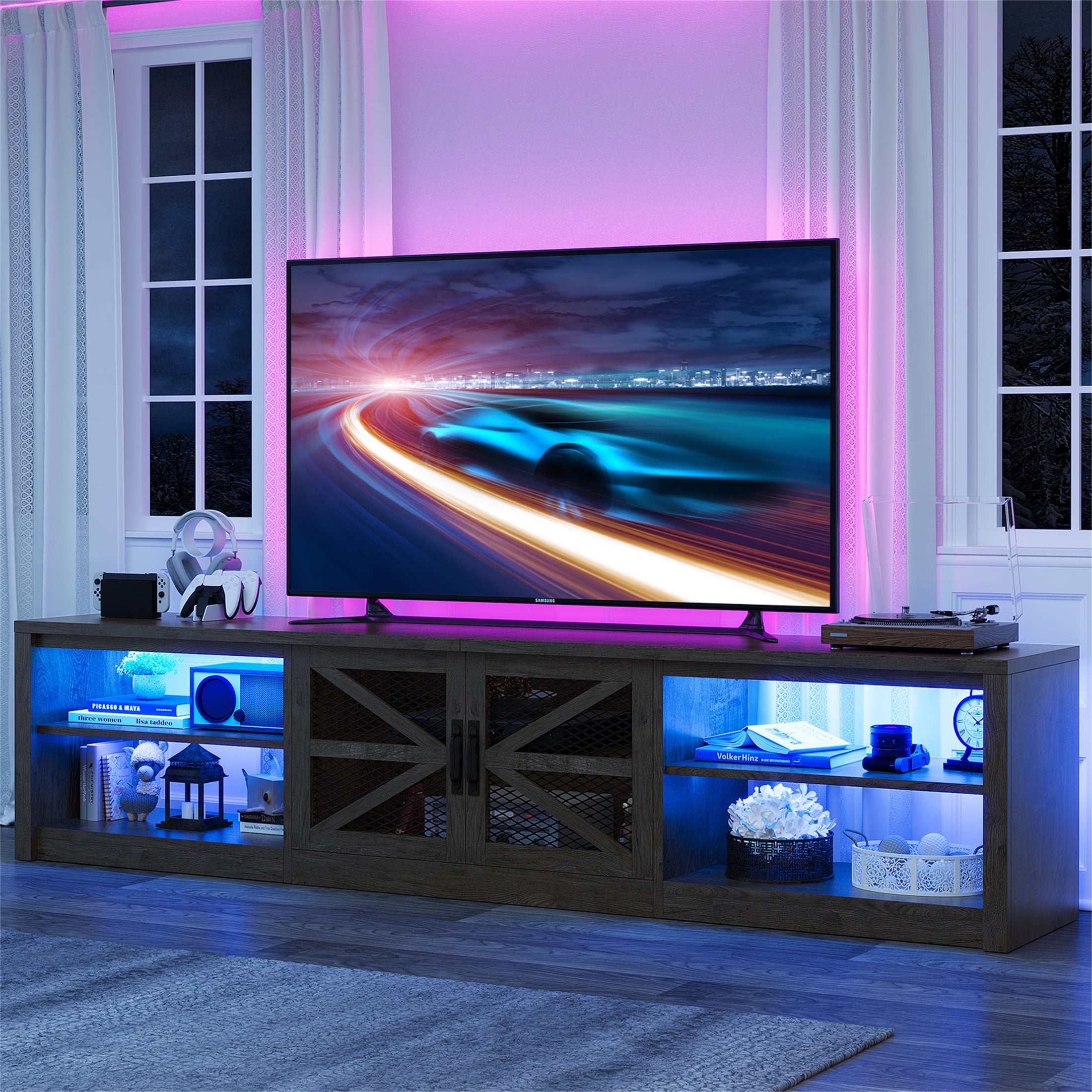 Yeahumalia Farmhouse LED TV Stand for 65 70 75 80 85 90-inch TVs, Media Console Entertainment Center for Living Room, Bedroom, Grey Oak