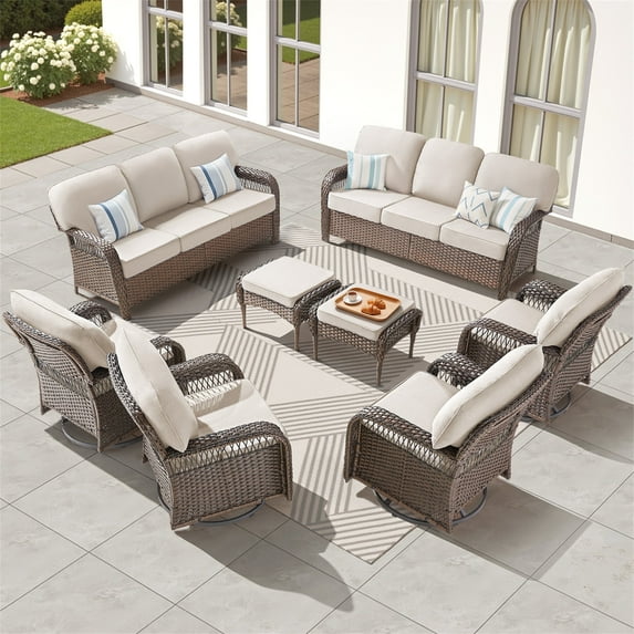 Yeahumalia 8 Pieces All Weather Wicker Patio Furniture Set with 2 Rattan Sofa, 4 Swivel Rocking Chairs, 2 Ottomans, Outdoor Conversation Set for Deck Yard Sunroom, Brown/Beige