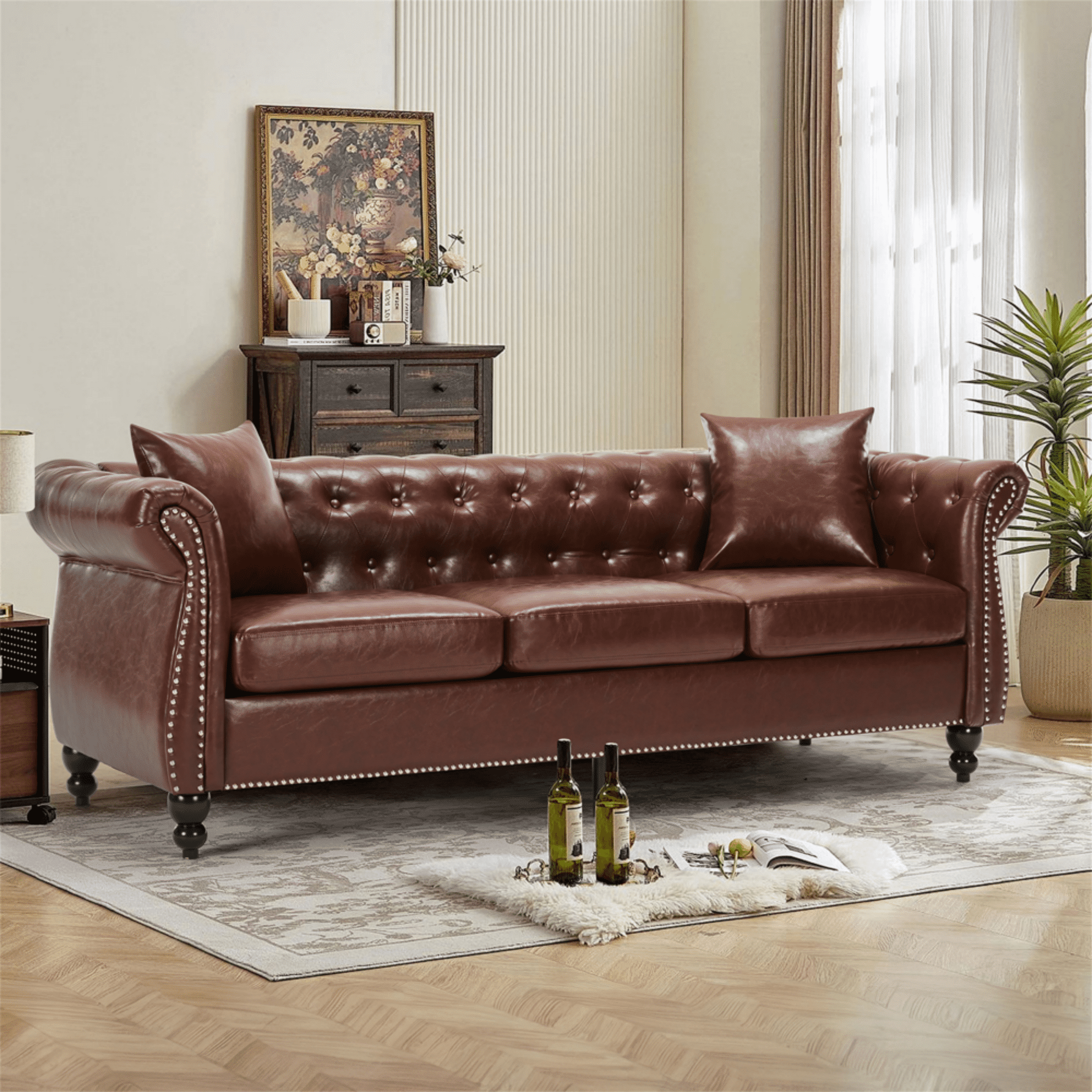 Yeahumalia 83.4'' 3-Seater Chesterfield Sofa Upholstered Sofa Padded Seat, Button Tufted Sofa with Nailhead Trim and Backrest, Faux Leather Couch, Brown