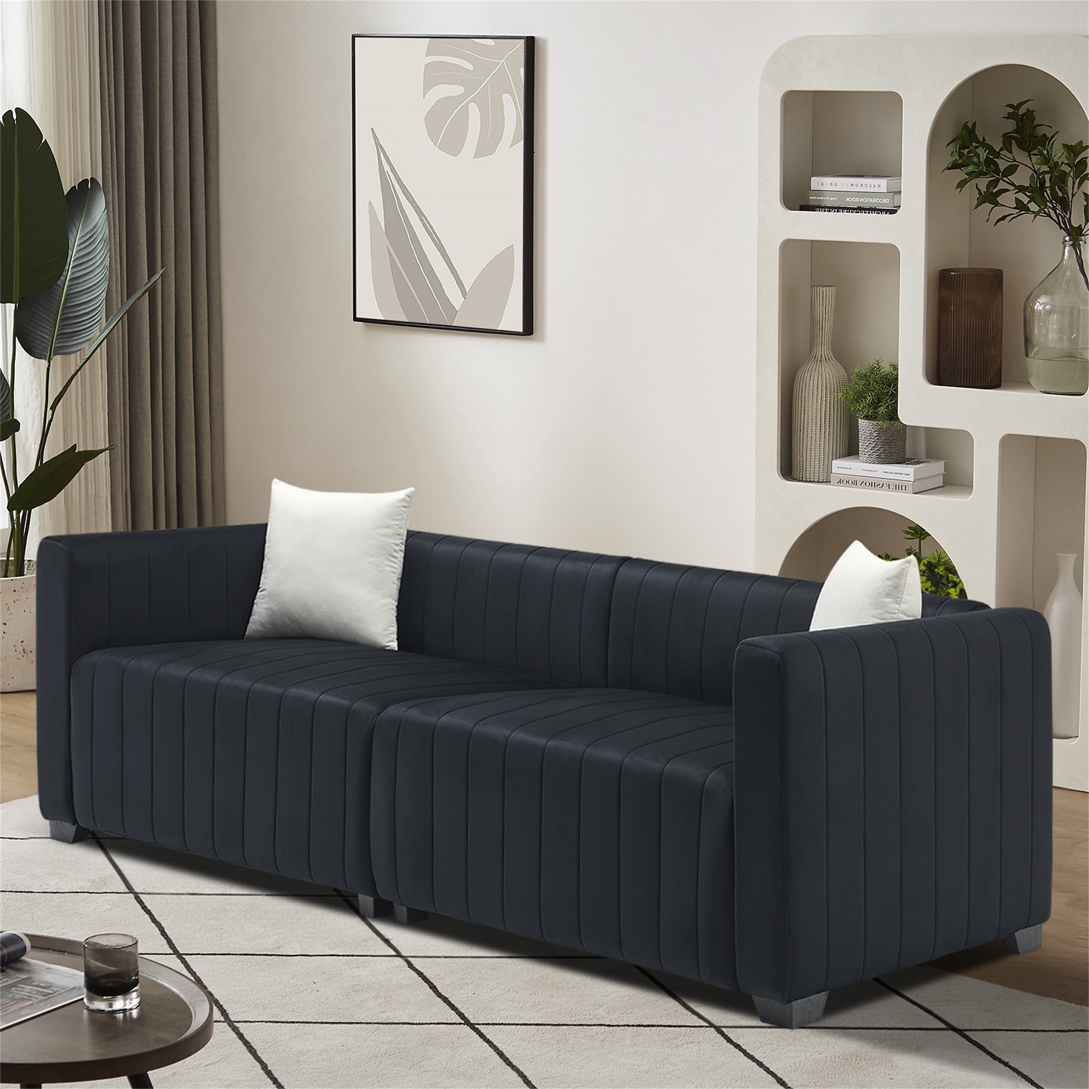 Yeahumalia 86'' Velvet Couch Tufted 3 Seater Sofa with 2 Pillows for Living Room, Black