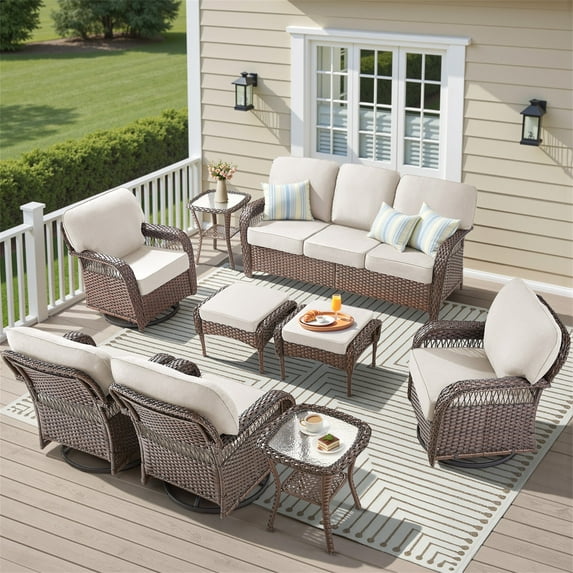 Yeahumalia 9 Pieces All Weather Wicker Patio Furniture Set with Rattan Sofa, 4 Swivel Rocking Chairs, 2 Ottomans and 2 Side Table, Outdoor Conversation Set for Deck Yard Sunroom, Brown/Beige