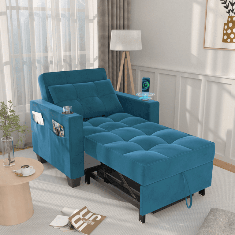 Yeahumalia Blue Velvet Sleeper Sofa Bed Adjustable Backrest USB and Wireless Charging 90 lbs