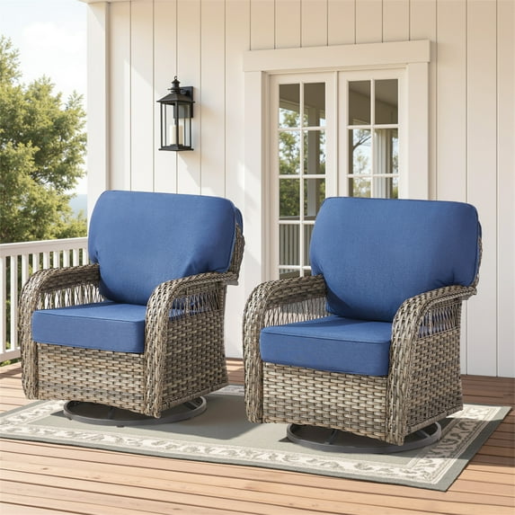 Yeahumalia All Weather Wicker Swivel Rocker Patio Chairs Set of 2, Outdoor Glider Rocking Chair for Deck Porch Garden, Gray/Blue