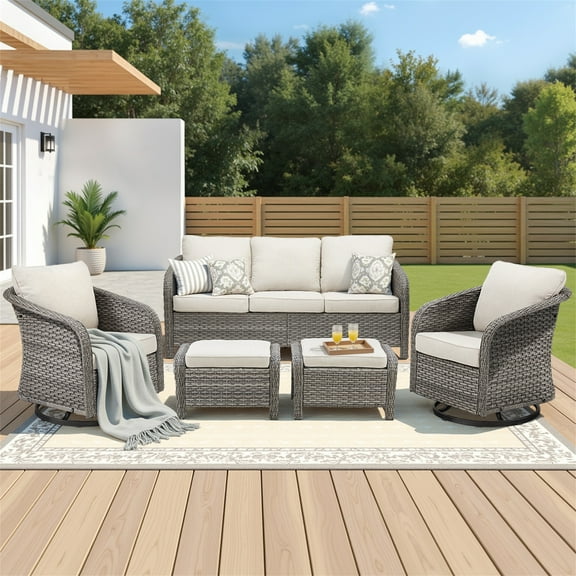 Yeahumalia Balcony Furniture 5 Piece Patio Conversation Set, Wicker Rattan Outdoor Sofa with 2 Lounge Swivel Rocking Chairs and 2 Ottomans for Porch, Lawn - Gray/Beige