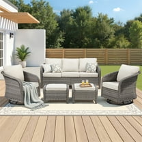 Yeahumalia Balcony Furniture 5 Piece Patio Conversation Set, Wicker Rattan Outdoor Sofa with 2 Lounge Swivel Rocking Chairs and 2 Ottomans for Porch, Lawn - Gray/Beige