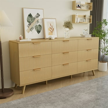 Yeahumalia Boho Fluted 9 Drawers Dresser, Wooden Chests of Drawers for Bedroom, Living Room, Entryway, Nature Wood Color