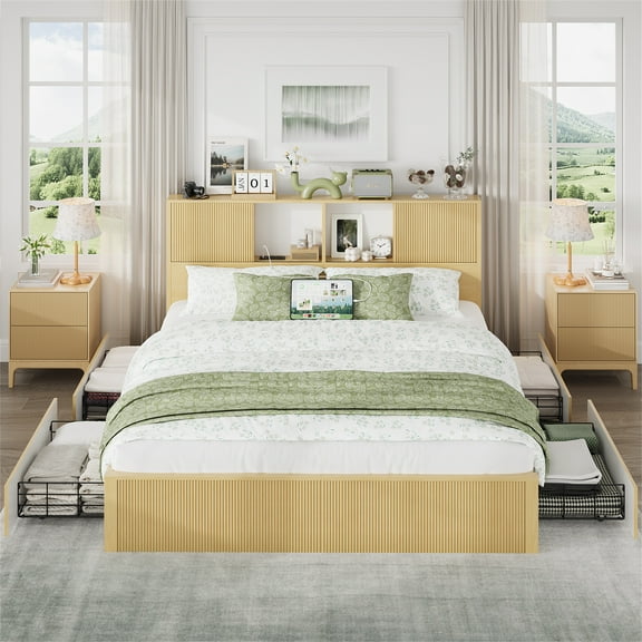 Yeahumalia Boho King Size Bed Frame with Bookcase Headboard & 4 Underneath Storage Drawers - Modern Fluted Wood Design, Built-In Charging Station, No Box Spring Needed, Noise-Free Platform Bed