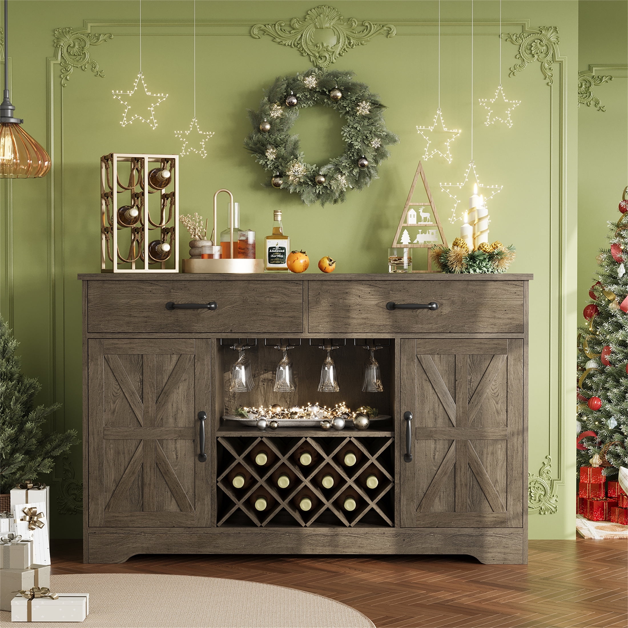 Yeahumalia Coffee Bar Buffet Cabinet, 55'' Sideboard with 2 Drawers, Wine Rack, Glass Holder, Grey Oak