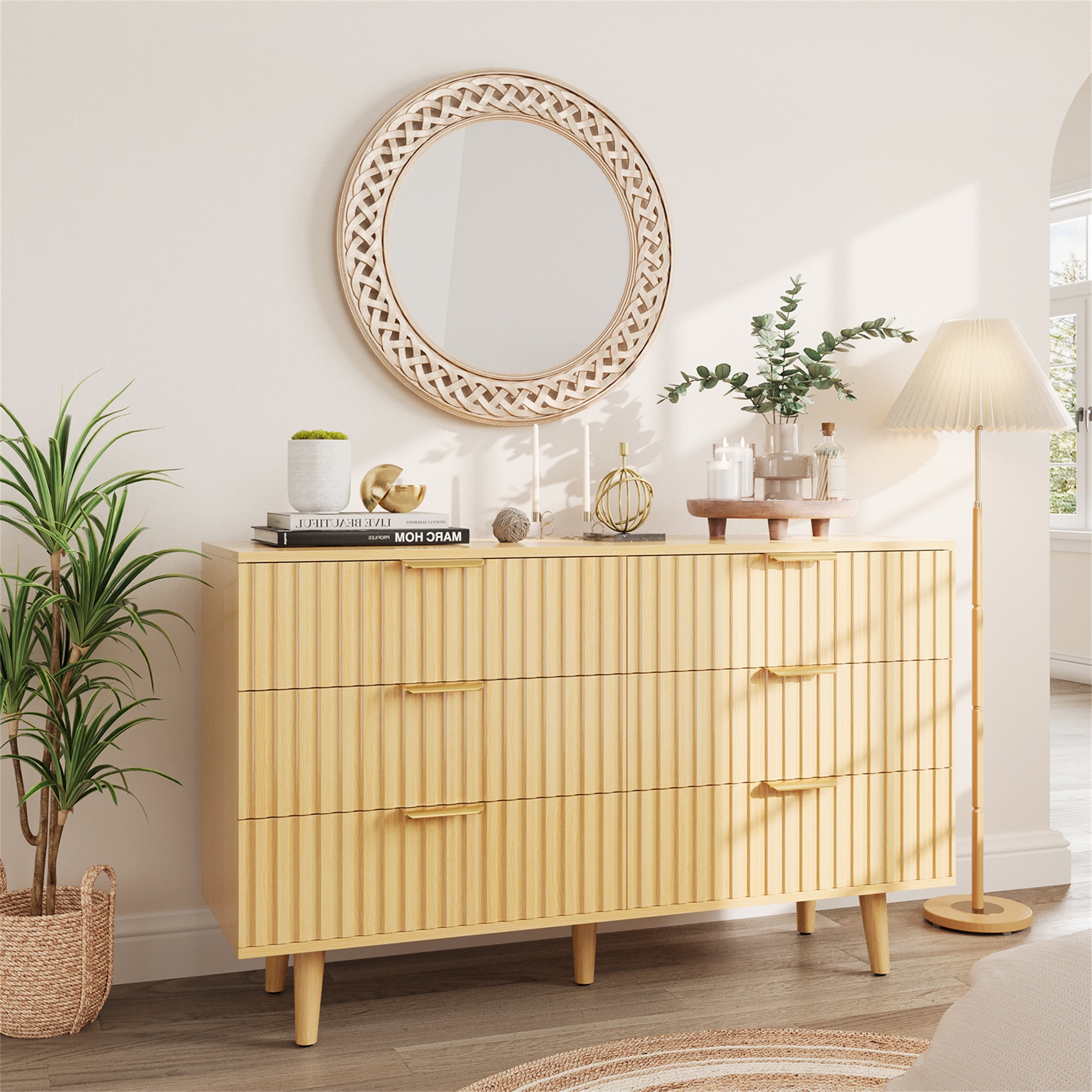 Yeahumalia Fluted 6 Drawers Dresser, Wooden Chests of Drawers for Bedroom, Living Room, Entryway, Nature Wood Color