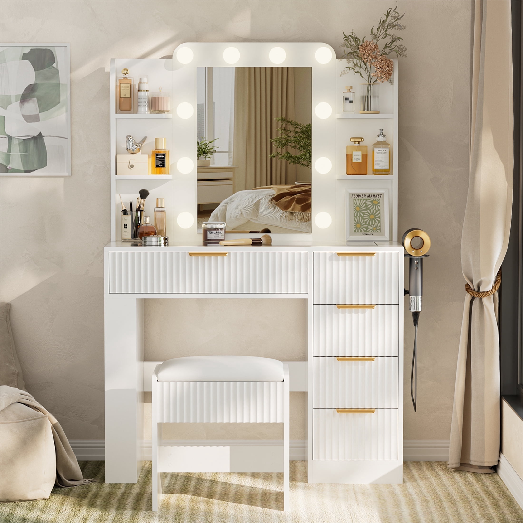 Yeahumalia Vanity Desk Set with Mirror and Lights, Makeup Table with Charging Station and Chair, White