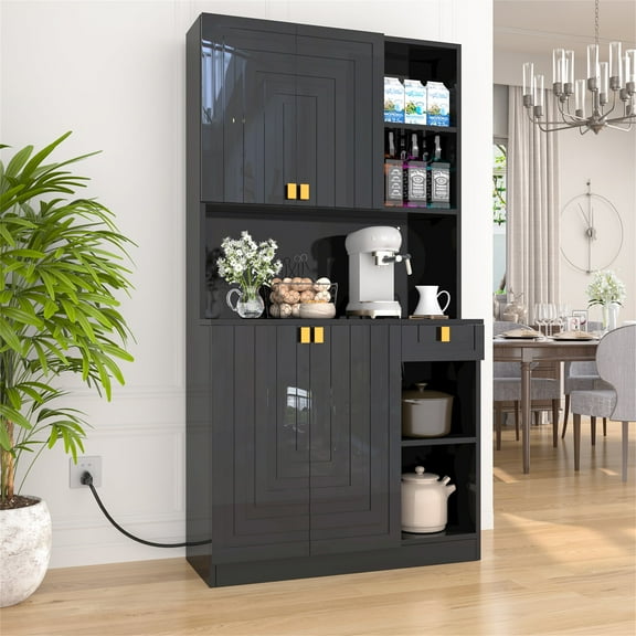 Yeahumalia Furniture Shelf with Power Cord, Kitchen Pantry Storage Cabinet Hutch, Doors, Microwave Stand, Black