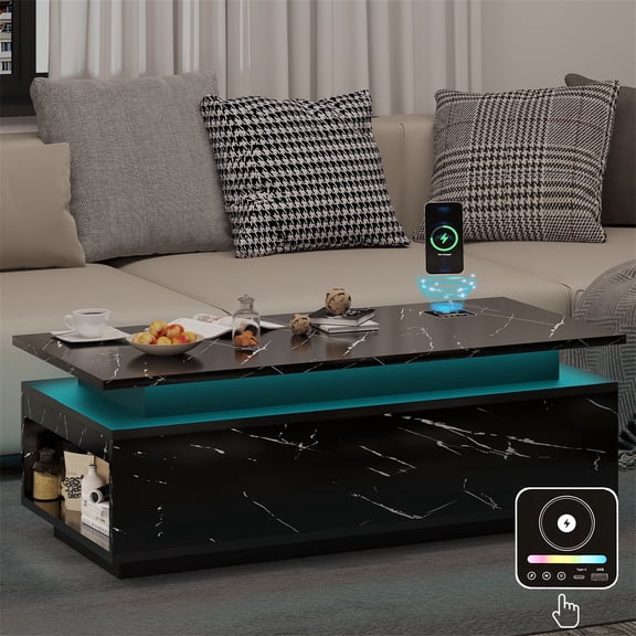 Yeahumalia Modern LED Coffee Table with Wireless Charging and Bluetooth Speaker, Black