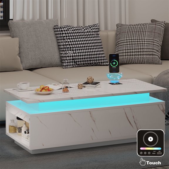 Yeahumalia Modern LED Coffee Table with Bluetooth Speaker, Wireless Charging, and Storage Organizer, White