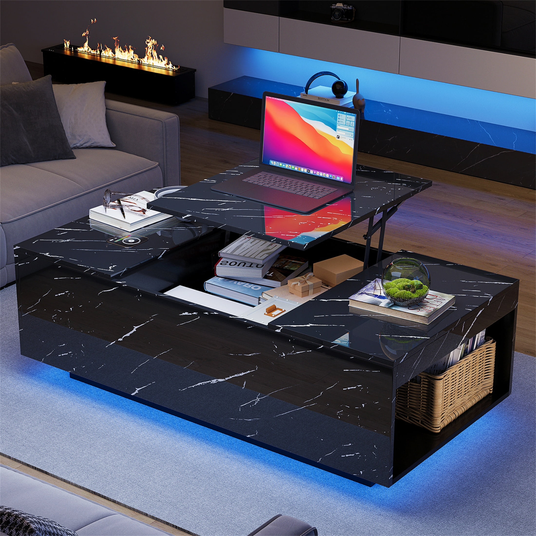 ChVans Modern High Gloss LED Coffee Table, 2 Drawers, 20
