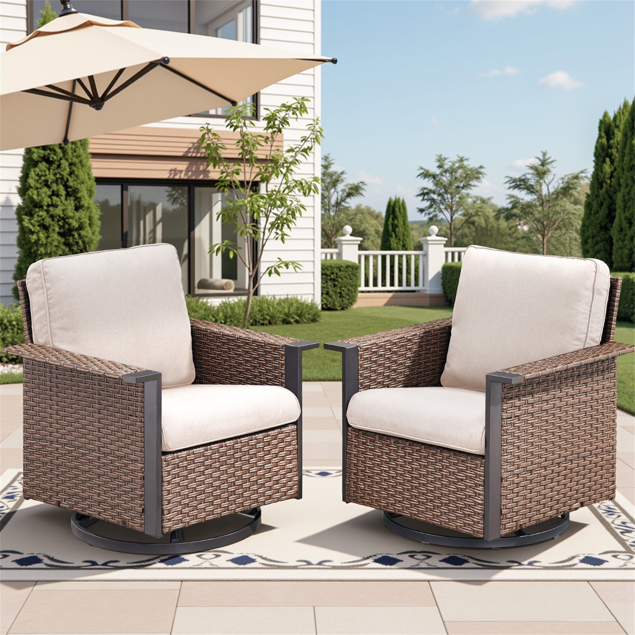 Beige Cushioned Brown Wicker Swivel Glider Armchairs