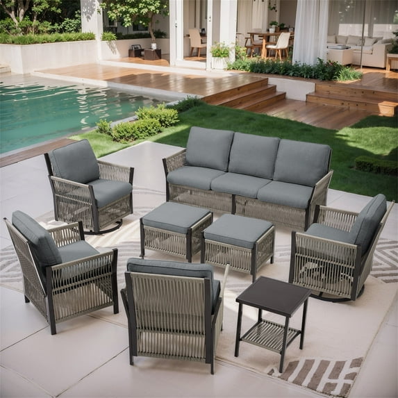 Yeahumalia Outdoor Patio 8-Piece All Weather Wicker Rattan Furniture Set 9 Seater with Grey Cushions
