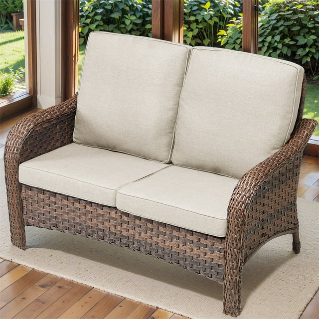 Yeahumalia Outdoor Patio Loveseat 2 Seater Wicker Sofa, Small Porch All Weather Rattan Couch with Beige Removble Cushion for Balcony Deck Backyard