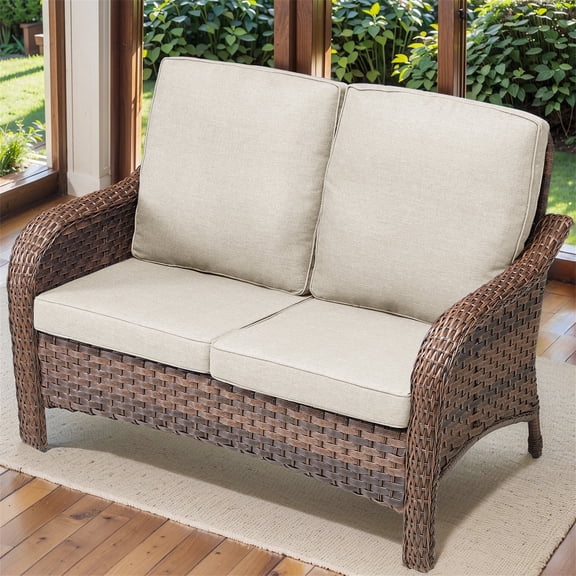 Yeahumalia Outdoor Patio Loveseat 2 Seater Wicker Sofa, Small Porch All Weather Rattan Couch with Beige Removble Cushion for Balcony Deck Backyard