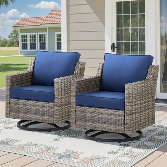 Yeahumalia Outdoor Patio Rattan Swivel Glider Chairs - Set of 2, Blue Cushions