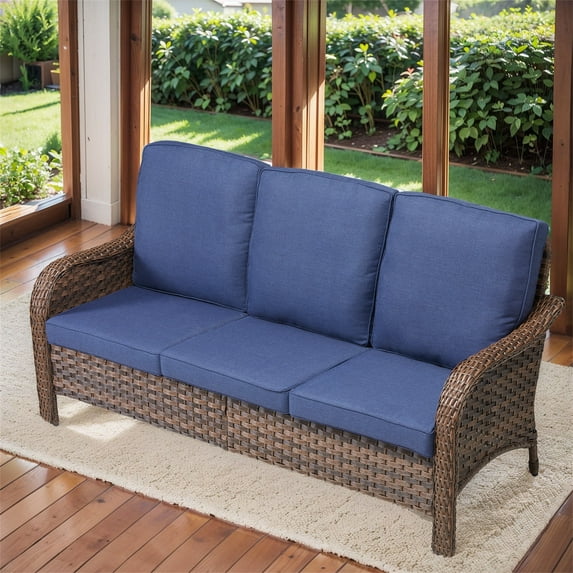 Yeahumalia Outdoor Rattan Couch with Deep Seat Hight Backrest, 3 Seater Wicker Sofa with Blue Removble Cushion, All-Weather Couch for Balcony Proch Deck Backyard