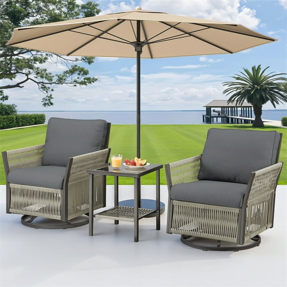 Yeahumalia Outdoor Rattan Patio Set, 2 Wicker Swivel Glider Chairs and Side Table with Grey Cushion