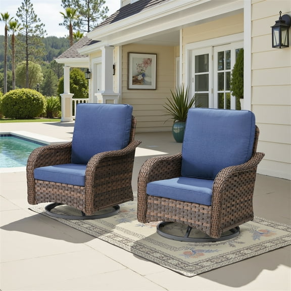 Yeahumalia Outdoor Swivel Rocker Patio Wicker Chairs Set of 2, Patio Furniture Sets with Blue Cushion for Porch Deck Balcony Garden