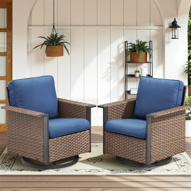 Yeahumalia Outdoor Patio Furniture Set of 2, Wicker Swivel Rocking Chairs with Brown Frame/Blue Cushion
