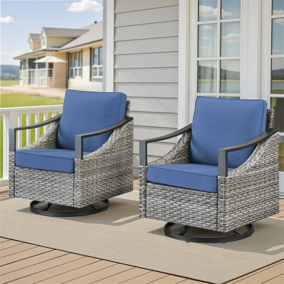 Yeahumalia Patio Outdoor Wicker Swivel Rocking Glider Chairs Set of 2 with Blue Cushions