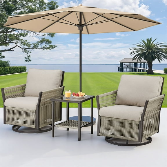 Yeahumalia Patio Wicker Furniture Set - 2 Swivel Glider Chairs and Side Table with Beige Cushion