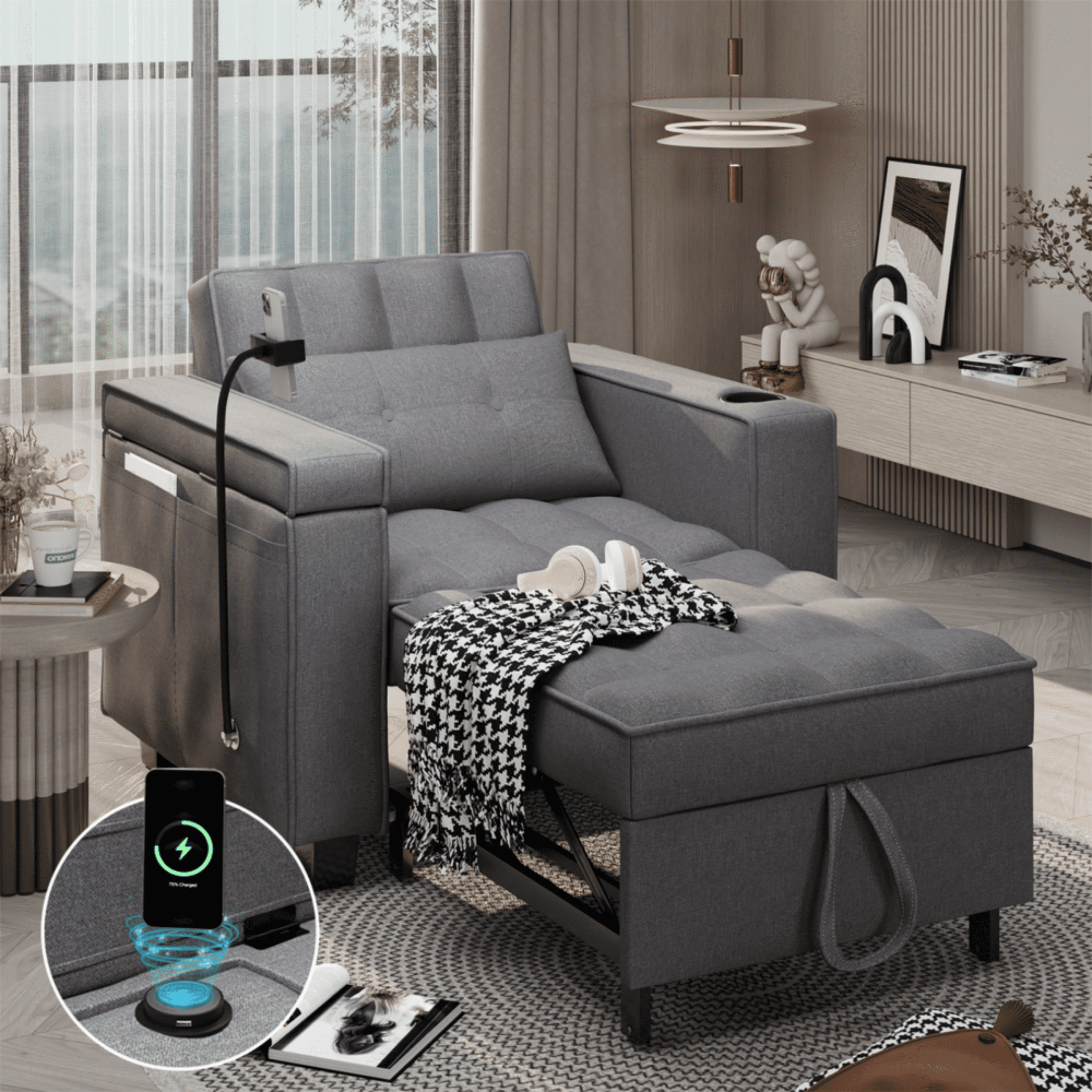 Yeahumalia Adult Adjustable 3 in 1 Pull Out Futon Sofa Sleeper Chair Bed for Small Spaces with Wireless Charging Blue Walmart
